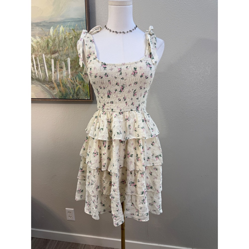 Gypsy and Gold Floral Smocked Tiered Ruffle Mini Dress Cream Pink Small‎